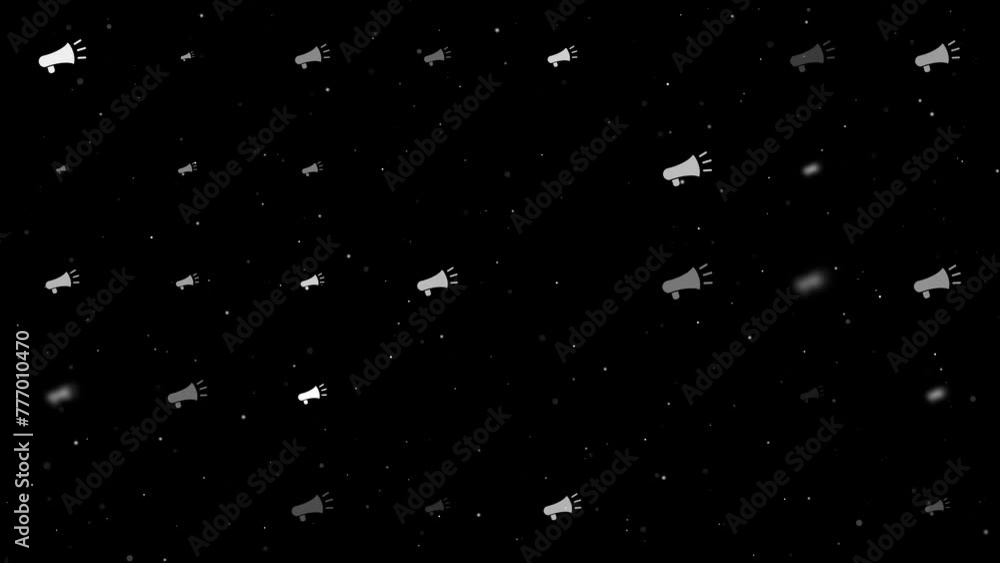 Poster template animation of evenly spaced megaphone symbols of different sizes and opacity. animation of t