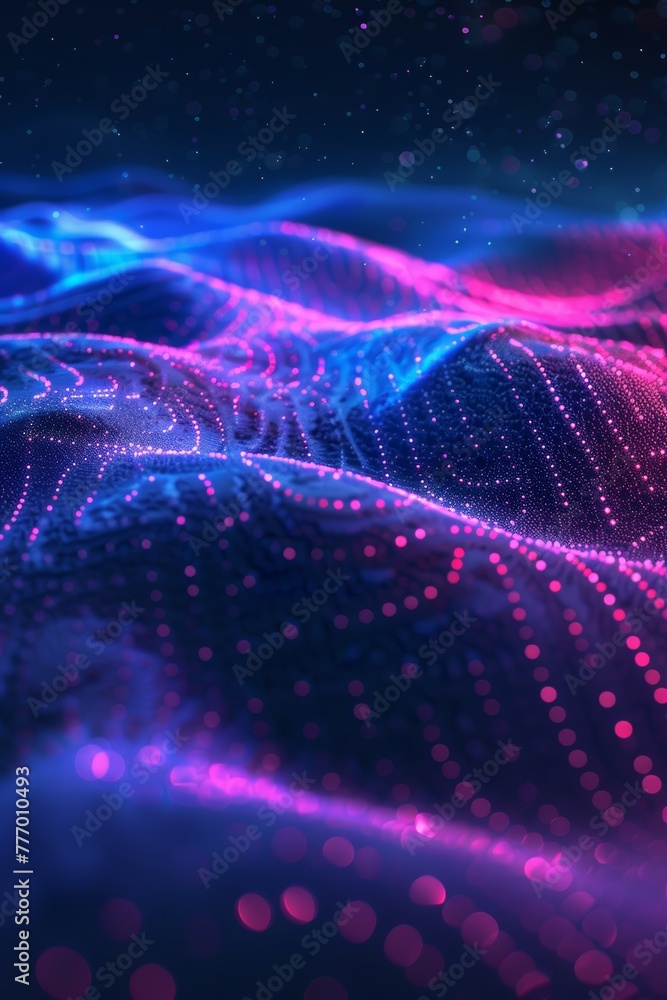 Poster data stream and particle waves connected by technology network line in it concept