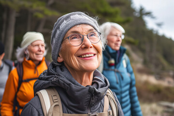 Fototapeta premium Smiling old gray-haired woman hiking in nature in the company of other women