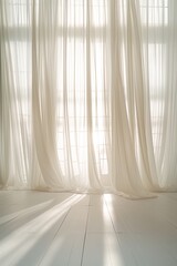 Warm natural light envelopes sheer white curtains - obrazy, fototapety, plakaty