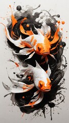 Imagine a single "K" fish depicted in calligraphy style, accentuated with splash effects and ink blobs, predominantly in black and white with hints of orange, all from a top-down perspective.
