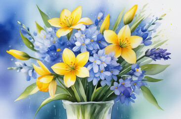 Fototapeta na wymiar Bright bouquet of the spring flowers, watercolor, pastel colors.