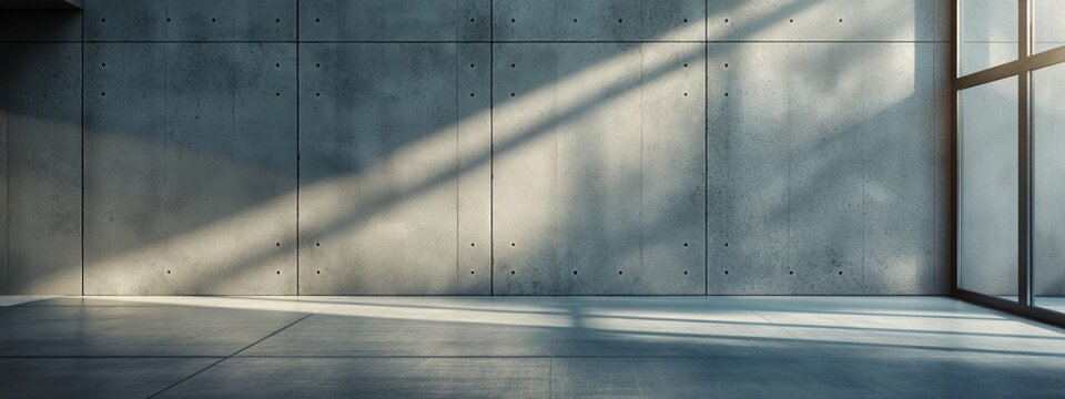 Concrete wall and floor illuminated by spotlights, casting dynamic shadows in the background. Scene for product displays, presentations, and cover banner design