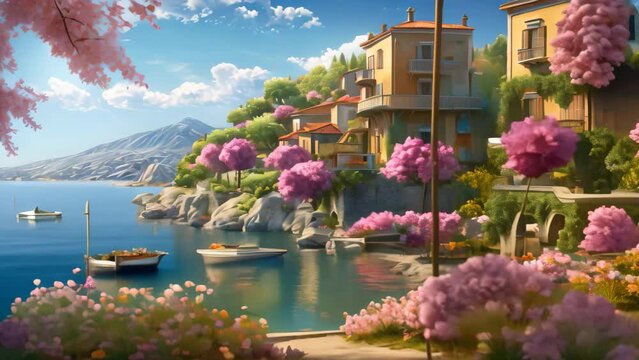 Serene Painting of a Lake With a Boat Floating, A postcard-style scene of a luscweet little Mediterranean village by the sea, AI Generated