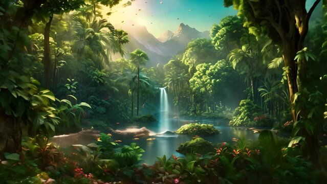 A stunning painting depicting birds soaring over a vibrant jungle landscape with a majestic waterfall, A rainforest teeming with exotic animals and plants, AI Generated