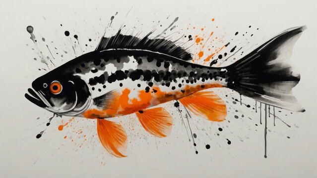 Imagine a single "K" fish depicted in calligraphy style, accentuated with splash effects and ink blobs, predominantly in black and white with hints of orange, all from a top-down perspective.