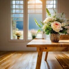 an empty wooden table in a room filled with natural light streaming in through large windows, adorned with a beautiful bouquet of fresh flowers as the focal point, creating a serene and inviting atmos