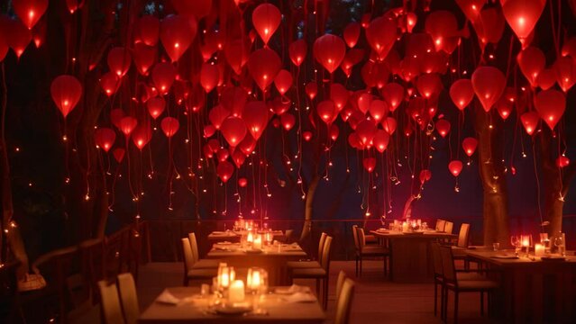 An image of a dining area with tables, decorated with red balloons hanging from the ceiling, A romantic evening dinner underneath a canopy of heart balloons, AI Generated