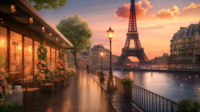 A painting capturing the iconic Eiffel Tower in Paris, showcasing the renowned landmark in artistic form, A romantic Parisian street with a view of Eiffel Tower, AI Generated