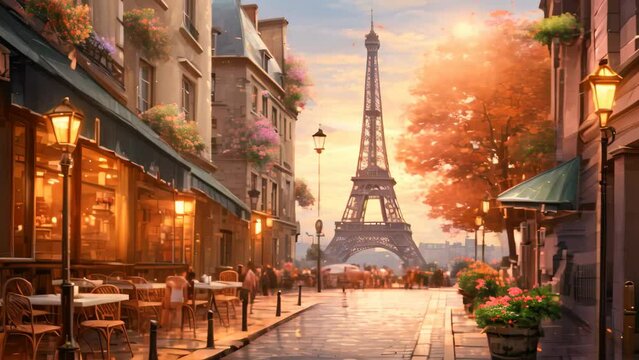A realistic oil painting depicting the iconic Eiffel Tower in Paris, capturing its grandeur and the bustling city around it, A romantic Parisian street with a view of Eiffel Tower, AI Generated