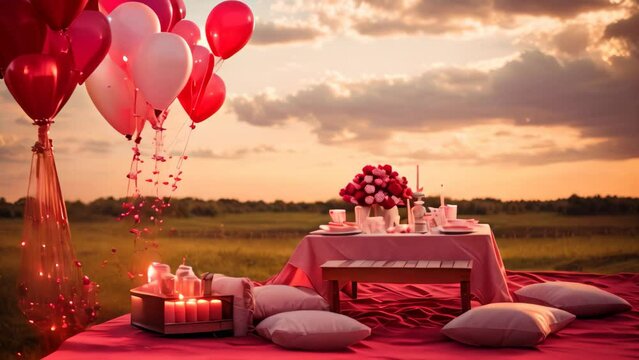 Table Covered With Colorful Balloons for Festive Decorations, A romantic picnic under a sky full of love heart balloons, AI Generated