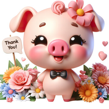 Cute character 3D image of pig with flowers and saying thanks white background isolated PNG