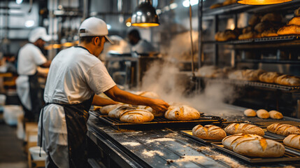 Bakers bake fresh bread and pastries in production, hot fresh baked goods on shelves and in the oven, food production