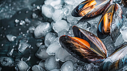 Opened fresh mussels with lizhlm on isolated dark background - obrazy, fototapety, plakaty