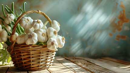 Obraz na płótnie Canvas Harvested garlic arranged in a basket set against a wooden background