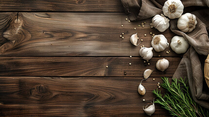 Fototapeta na wymiar Harvested garlic laid out on a wooden background, top view