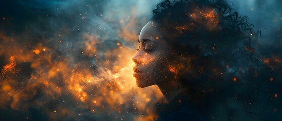 A woman with features like black flames dissolves into the cosmos. Concept Abstract, Surrealism, Woman, Flames, Cosmos - obrazy, fototapety, plakaty