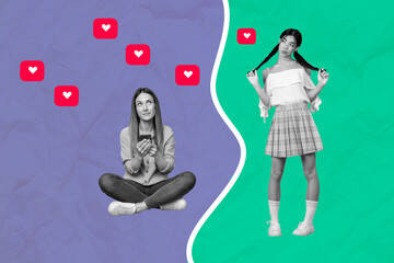 Creative photo collage young two girls smm targetologist social media influencer blogging receive feedback like heart notification follow - obrazy, fototapety, plakaty
