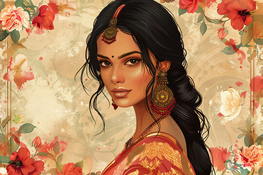 Indian bride girl wearing traditional dress against floral background. Woman in colorful sari. Bollywood star traditional fashion. Ugadi or Gudi Padwa. Religion and ethnic banner with copy space