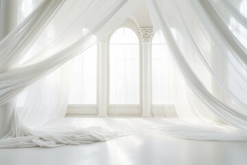 Elegant white drapes in a spacious room - obrazy, fototapety, plakaty