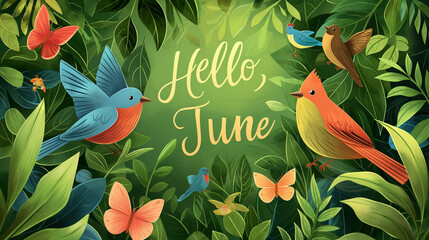 summer banner with the inscription hello june, beginning of summer and holidays