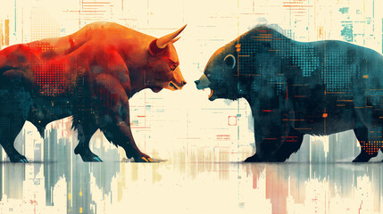 bull and bear facing off, representing the optimism and pessimism that drive market movements, with ticker symbols scrolling in the background