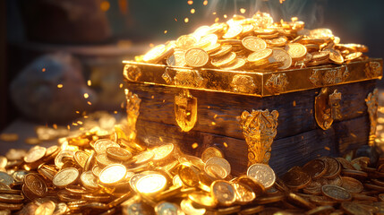 coins pouring out of a golden treasure chest symbolizing abundance and good luck - Powered by Adobe