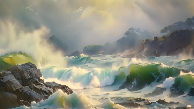 A vibrant painting capturing the powerful force of waves as they collide with rugged ocean rocks., A seascape on a cloudy day with crashing waves against a coastline, AI Generated