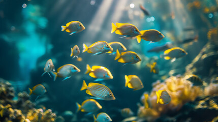 Naklejka na ściany i meble Large shoal of yellow fish swimming in the open sea in a circle, unity in motion