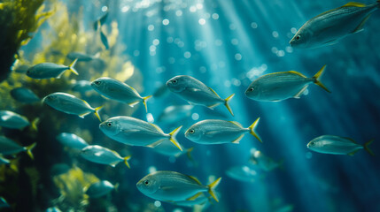 Fototapeta na wymiar Large shoal of fish swimming in the open sea in a circle, unity in motion