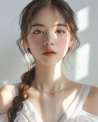 Portrait  beautiful Korean girl natural light glowing skin, For Advertising Cosmetic, high quality detail, AI Generative image
