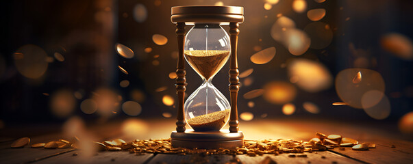 A stylized hourglass with coins instead of sand particles, the essence of time-sensitive financial decisions  in background 