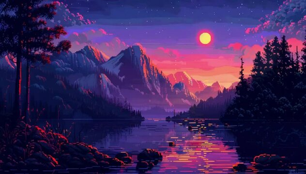 a painting of a mountain range with a lake in the foreground and a sunset in the middle of the picture.