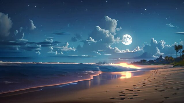 Painting of Nighttime Beach With Full Moon Lighting Up the Ocean Waves, A serene moonlit beach with a couple’s footprints leading to the horizon, AI Generated