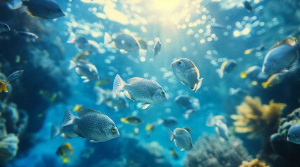 Fototapeta na wymiar Large shoal of fish swimming in the open sea in a circle, unity in motion