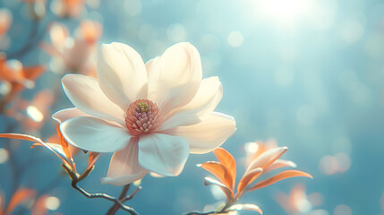 Flower spring backdrop with single white magnolia in full bloom stands against a soft blue sky background. Concept of nature's serene beauty and the renewal that comes with spring. Copy space