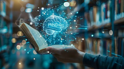 Empowering First-Person Perspective: A Hand Reaches Out to Grasp the Brain of a Mindset Focused on Growth and Development - obrazy, fototapety, plakaty
