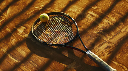 Close-up shot of a tennis racket and a ball on a textured wooden surface, with sunlight casting...