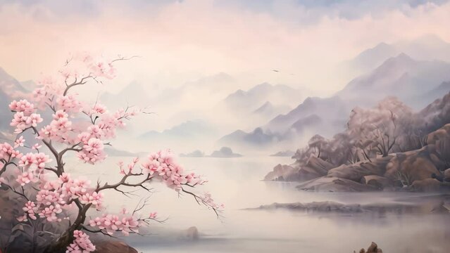 A beautiful painting capturing the essence of nature, featuring a tree adorned with pink flowers beside a serene body of water., A smoky essence of peace and tranquility in muted pastels, AI Generated