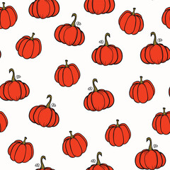 Seamless pattern with pumpkins on color background. Vector hand drawn sketched pumpkin. Autumn illustration for holidays, Halloween. Various food items in doodle style