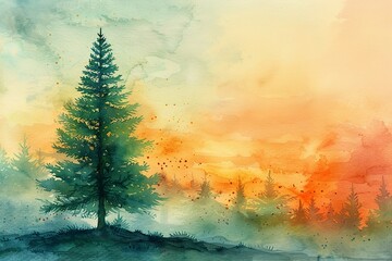 Watercolor a pine tree, set against a vivid background that accentuates the trees evergreen nature, summer theme
