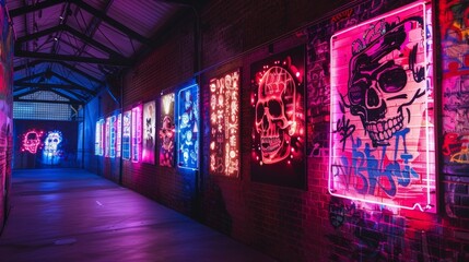 A neonlit installation on a brick wall features a combination of graffiti stencils and wheatpaste...