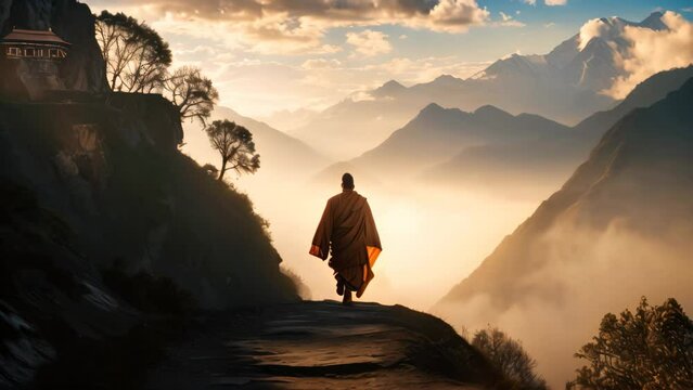 A Person Hikes Up A Hill, Enjoying The Breathtaking View Of Majestic Mountains In The Distance., A Solitary Monk Walking A Mountain Path In The Himalayas, AI Generated