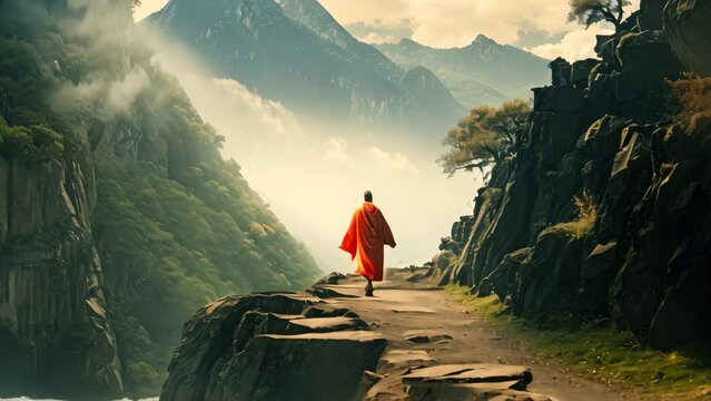 A lone hiker walks along a winding mountain path, surrounded by breathtaking scenery., A solitary monk walking a mountain path in the Himalayas, AI Generated