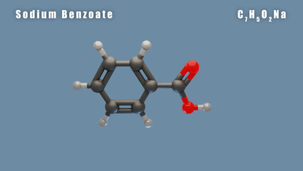 Sodium Benzoate of C7H5O2Na 3D Conformer animated render. Food additive E211 - obrazy, fototapety, plakaty