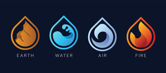 4 Elements of nature symbol - earth water air and fire with sign in line water drop shape on dark blue background vector design - 777016817