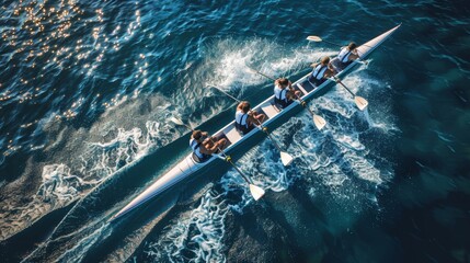 Aerial drone capture of synchronized canoe rowing team competing in vast blue sea