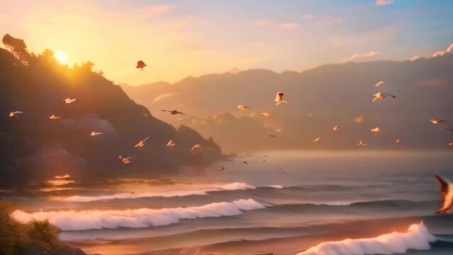 Witness a breathtaking scene as a large group of birds takes flight and gracefully soars over a serene body of water, A squadron of pelicans gliding over a peaceful bay, AI Generated