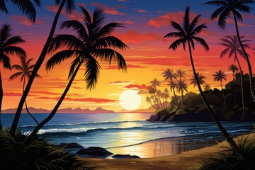 Fototapeta na wymiar A beach scene at sunset with palm trees, AI generated