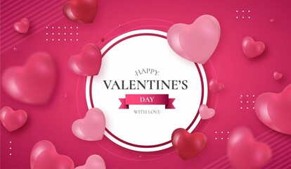 Happy Valentines Day Banner Background With Frame Realistic Hearts